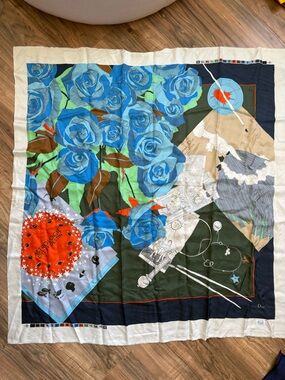Dior Navy and Cream Silk Scarf with Orange Accent
